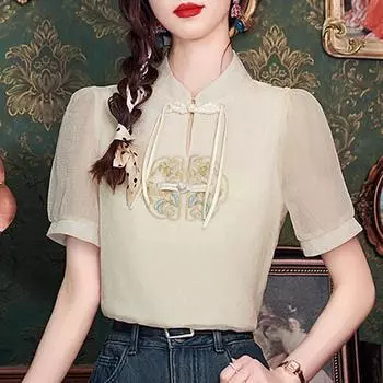 Модная новинка, летняя шифоновая блузка в китайском стиле с коротким рукавом и воротником-стойкой, с вышивкой, женская рубашка J384 S абрикосовый