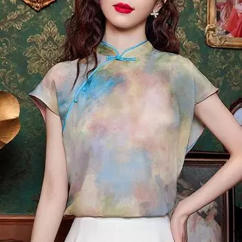 Модная новинка в китайском стиле, летняя блузка с коротким рукавом и воротником-стойкой, женская шифоновая блузка, топы J401 S
