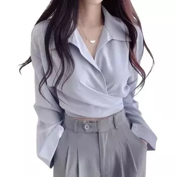 Модная облегающая блузка с длинным рукавом для работы, женская офисная короткая рубашка в корейском стиле, блузка, топ M