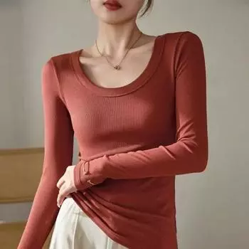 Модная облегающая футболка из чистого хлопка, женская свободная футболка с длинным рукавом и U-образным вырезом, женские осенние повседневные элегантные женские футболки 30530 S чёрный