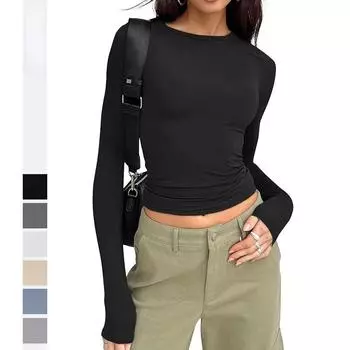 Модная облегающая повседневная дышащая базовая рубашка Y2K с длинным рукавом, женская белая, черная тонкая влагоотводящая футболка S