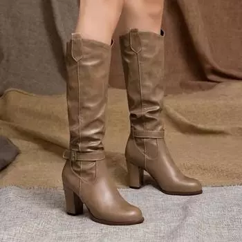 Модная обувь, большие размеры 34-43, высокие каблуки, женские черные туфли, женские, пряжка, плиссированные, из искусственной кожи, блочный каблук, длинные сапоги для верховой езды, женские 34 коричневый