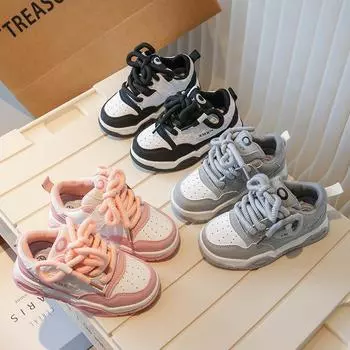 Модная обувь для девочек, низкие кроссовки 24 Весна и Осень, новые детские повседневные спортивные туфли на шнуровке, мягкая подошва, однотонные 16.4CM чёрный