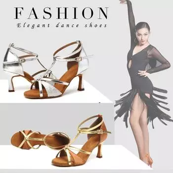 Модная обувь для латинских танцев для девочек и женских танцевальных вечеринок, вальс, джаз, Нескользящая дышащая танцевальная обувь для латиноамериканских танцев на каблуке 7 см 34 чёрный
