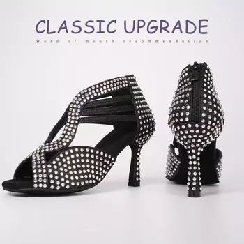 Модная обувь для латинских танцев, домашняя танцевальная обувь со стразами для женщин и девочек, танцевальная обувь для вечеринок, вальс, джаз, противоскользящая танцевальная обувь на высоком каблуке 6cm-34 чёрный