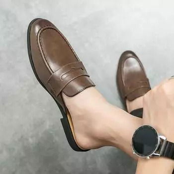 Модная обувь для мужчин, модельные туфли, уличные кожаные мокасины, мюли, тапочки, размер 38-44, повседневная обувь без спинки, ленивые сандалии 38 коричневый