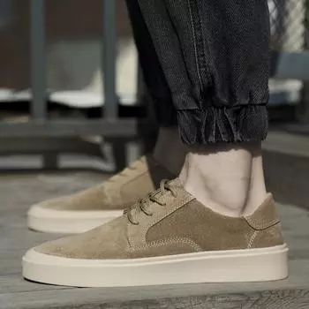 Модная обувь для мужчин с круглым носком на плоской подошве, повседневная, удобная, модная, универсальная, кроссовки для активного отдыха из коровьей замши, мужская обувь из кожи 6.5 бежевый