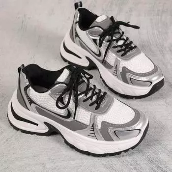 Модная обувь для женщин 2024 года, брендовые женские туфли на шнуровке из вулканизированной кожи, осенние разноцветные сетчатые дышащие туфли на среднем каблуке для женщин 35 чёрный