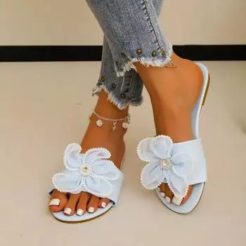 Модная обувь для женщин 2024 года, брендовые летние женские тапочки, однотонные цветы, бисерные украшения, открытый носок, легкие пляжные тапочки на низком каблуке для женщин 36 синий