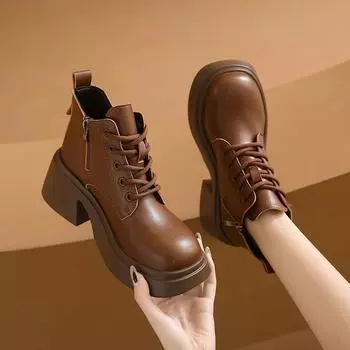 Модная обувь для женщин 2024 года, брендовые женские ботинки на шнуровке, уличные современные ботинки, женские туфли с круглым носком, на платформе, с квадратным каблуком, с боковой молнией 35 коричневый