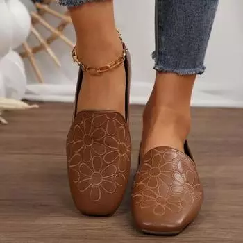 Модная обувь для женщин 2024 года, горячая распродажа, женские туфли на плоской подошве, повседневные туфли на плоской подошве для отдыха на открытом воздухе, однотонные туфли с цветочным принтом и квадратным носком, мягкая подошва 36 чёрный