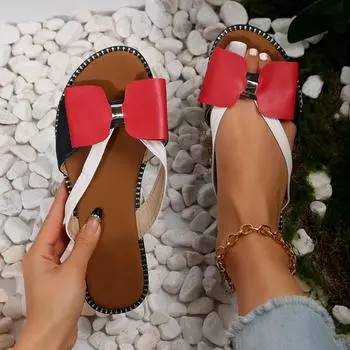 Модная обувь для женщин 2024 года, летние женские тапочки, симпатичные повседневные сандалии с бабочкой и узлом, ретро-женские туфли на плоской подошве, шлепанцы, пляжная обувь для отдыха на природе 35 красный