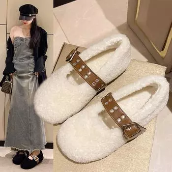 Модная обувь для женщин 2024 года, лоферы, меховые женские туфли с круглым носком, повседневная спортивная обувь, слипоны, осенние новые милые и удобные слипоны 35 чёрный