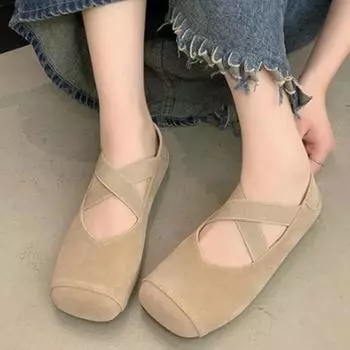 Модная обувь для женщин 2024 года, модные женские туфли на плоской подошве с эластичной резинкой, осенние туфли с квадратным носком из замши и сплошной подошвой из латуни, повседневные удобные туфли на плоской подошве 35 бежевый