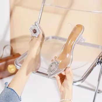 Модная обувь для женщин 2024 года, модные туфли Fish Mouth, женские сандалии, летние однотонные слипоны, новые босоножки на каблуке для офиса и карьеры с кристаллами 35 золотистый