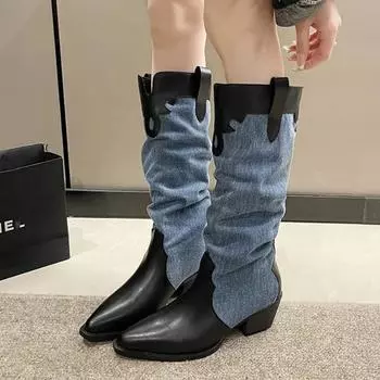 Модная обувь для женщин 2024 года, модные женские сапоги с рукавами, осенние, с острым носком, разноцветные, высокие, на низком каблуке, сапоги Zapatos De Mujer 35 покинуть белый