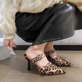 Модная обувь для женщин 2024 года, модные туфли с пряжкой на ремне, летние туфли на высоком каблуке в стиле панк, босоножки на высоком каблуке, туфли с острым каблуком-шпилькой, леопардовый принт 35 цветной печати леопарда