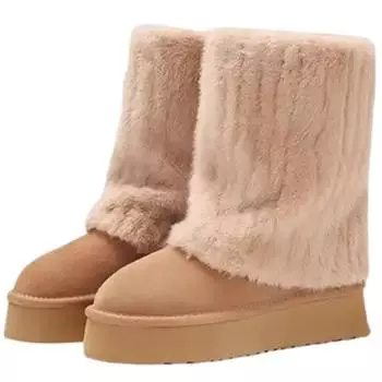 Модная обувь для женщин 2024 года, новые женские ботинки без застежек, зимние ботинки из цельного флоксового плюша с круглым носком, теплые, на среднем каблуке, водонепроницаемые, повседневные зимние ботинки 35 бежевый