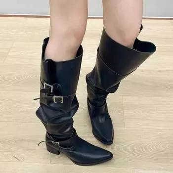 Модная обувь для женщин 2024 года, осень-зима, новые модные и простые женские сапоги до колена, свободные и удобные длинные сапоги с острым носком 35 чёрный