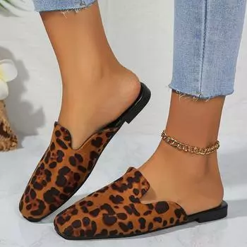 Модная обувь для женщин 2024 года, трендовые женские туфли с леопардовым принтом, туфли-мюли, тапочки, туфли на плоской подошве из замши с квадратным носком, дизайнерские босоножки на каблуке для отдыха на открытом воздухе 35 коричневый