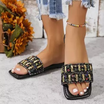 Модная обувь для женщин 2024 года, трендовые летние ретро-сандалии на плоской подошве, однотонные, нескользящие, женские, для отдыха на открытом воздухе, удобные, праздничные, пляжные тапочки 36 чёрный