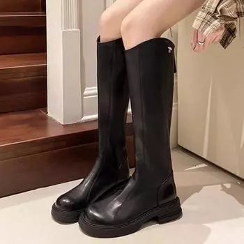 Модная обувь для женщин 2024 года, высококачественные женские ботинки на молнии, осенние, с круглым носком, однотонные, с высокой трубой, на низком каблуке, модные ботинки Zapatillas Mujer 35 чёрный