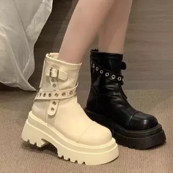 Модная обувь для женщин 2024 года, высококачественные женские ботинки на молнии, осенние, с круглым носком, однотонные, короткие, на платформе, с толстым каблуком, модные ботинки 35 чёрный