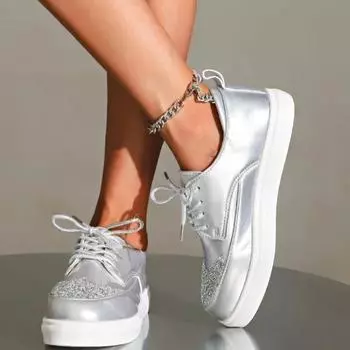 Модная обувь для женщин 2024 года, женская обувь без застежек на толстой подошве с кристаллами, повседневная спортивная обувь, мокасины с неглубоким носком, на шнуровке, с круглым носком 36 серебряный