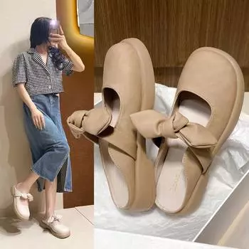 Модная обувь для женщин 2024 года, женские тапочки, мокасины, мюли, сексуальные закрытые носки, средняя платформа, бабочка-узел, квадратный каблук, роскошные шлепанцы, новое лето 40 бежевый