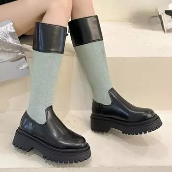 Модная обувь для женщин 2024 года, женские сапоги до колена, современные сапоги на платформе, женские туфли с круглым носком, молния сзади, разноцветные, средний каблук 35 чёрный