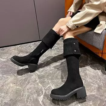 Модная обувь для женщин 2024 года, женские сапоги с пряжкой на ремне, повседневные сапоги до колена в стиле ретро, женские сапоги с толстым дном из хлопка 35 коричневый