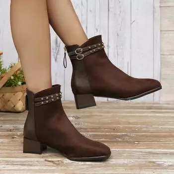 Модная обувь для женщин 2024 года, женские ботильоны, брендовые современные ботинки, женские, с заклепками, пряжкой, квадратным носком, со средним каблуком и молнией сзади, женские 35