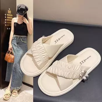 модная обувь для женщин 2024 тапочки для бассейна роскошные тапочки низкие неглубокие резиновые шлепанцы пляжные дизайнерские летние новые стильные 35 бежевый