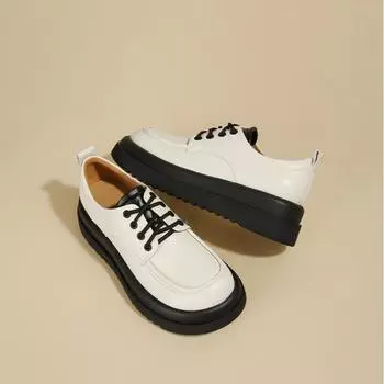 Модная обувь для женщин, ретро-туфли из кожи, женские туфли с круглым носком на платформе, на шнуровке, британская осень 2024 года, одинарные туфли с большой головкой, средние 5 см) 35 бежевый