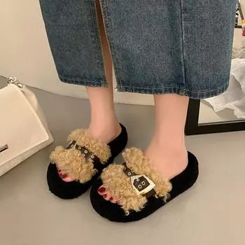 Модная обувь для женщин. Тапочки. Повседневные женские тапочки на платформе из флока. Мягкие шлепанцы. Плюшевые туфли 2024 года на плоской подошве из рима. Базовая ткань из резины. Женская обувь из флока. 35 чёрный