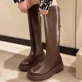 Модная обувь для женщин, женские сапоги на молнии, осенние, с круглым носком, однотонные, до колена, на среднем каблуке, водонепроницаемые, британский стиль, женские 35 чёрный