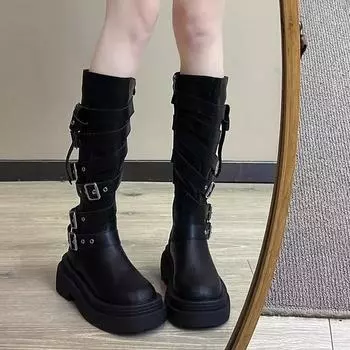 Модная обувь для женщин, женские сапоги с боковой молнией, зимние, с круглым носком, на высокой платформе и массивном каблуке, рыцарские сапоги 35