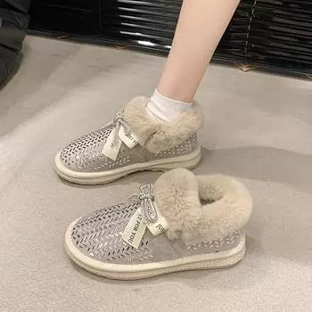 Модная обувь для женщин, зимние ботинки до щиколотки, зимние женские туфли из хлопка со стразами, без застежек, модные теплые туфли с бантом, размер 35-40 35 бежевый