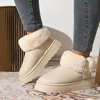 Модная обувь для женщин Зимние женские ботинки Круглый носок Однотонные Флок Плюшевые Теплые Средний каблук Водонепроницаемые Повседневные Снежные ботинки Женские Botas De Mujer 36 бежевый