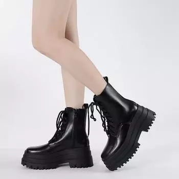 Модная обувь для женщин, зимние женские сапоги до середины голени, однотонные, с круглым носком, на шнуровке, на высоком каблуке, водонепроницаемые женские туфли 35 чёрный