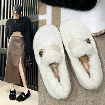 Модная обувь Осенняя повседневная женская спортивная обувь Туфли на плоской подошве Женские мокасины с круглым носком Меховые осенне-зимние новые базовые модели Однотонные 35 бежевый