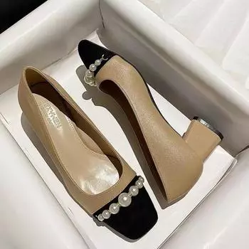 Модная обувь, туфли-лодочки для женщин, летние туфли на высоком каблуке без шнуровки с квадратным носком, однотонные летние туфли с бусинами 35 бежевый