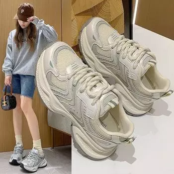 Модная обувь весна-осень женские кроссовки на толстой подошве повседневная обувь сетчатые серые туфли Daddy 35 серебряный серый