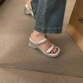 Модная обувь женская 2024 г., женские тапочки с открытым носком, модные женские тапочки с квадратным носком, на платформе, на высоком каблуке, женская уличная обувь 35 чёрный