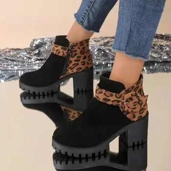 Модная обувь женская 2024 года, горячая распродажа, женские ботинки с боковой молнией, зимние, с круглым носком, замшевые, с леопардовым принтом, разноцветные, короткие, модные ботинки 35 чёрный