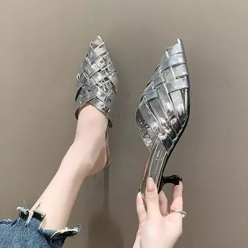 Модная обувь Женская 2024 года, трендовые летние сандалии-гладиаторы с острым носком на шпильках, модные роскошные тапочки, женские брендовые дизайнерские туфли на высоком каблуке 36 чёрный