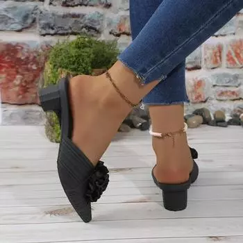 Модная обувь Женская 2024 Лидер продаж Осенние женские тапочки с закрытым носком Однотонные цветы Средний каблук Профессиональные офисные тапочки Женские 36 чёрный