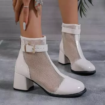 Модная обувь Женская 2024 Модные женские сапоги с закрытым носком Осенние дышащие сетчатые пряжки однотонные платья толстые каблуки женские сапоги на молнии 35 чёрный