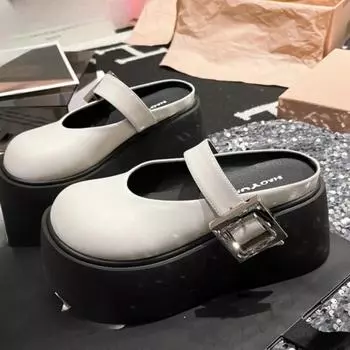 Модная обувь Женская 2024 Модные женские тапочки с одним словом и пряжкой Летние закрытые туфли на высоком каблуке Водонепроницаемые мокасины Тапочки 35 бежевый