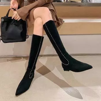 Модная обувь женская 2024 новые женские ботинки на молнии зимние с острым носком теплые однотонные высокие туфли на низком каблуке модные ботинки Botas De Mujer 35 чёрный